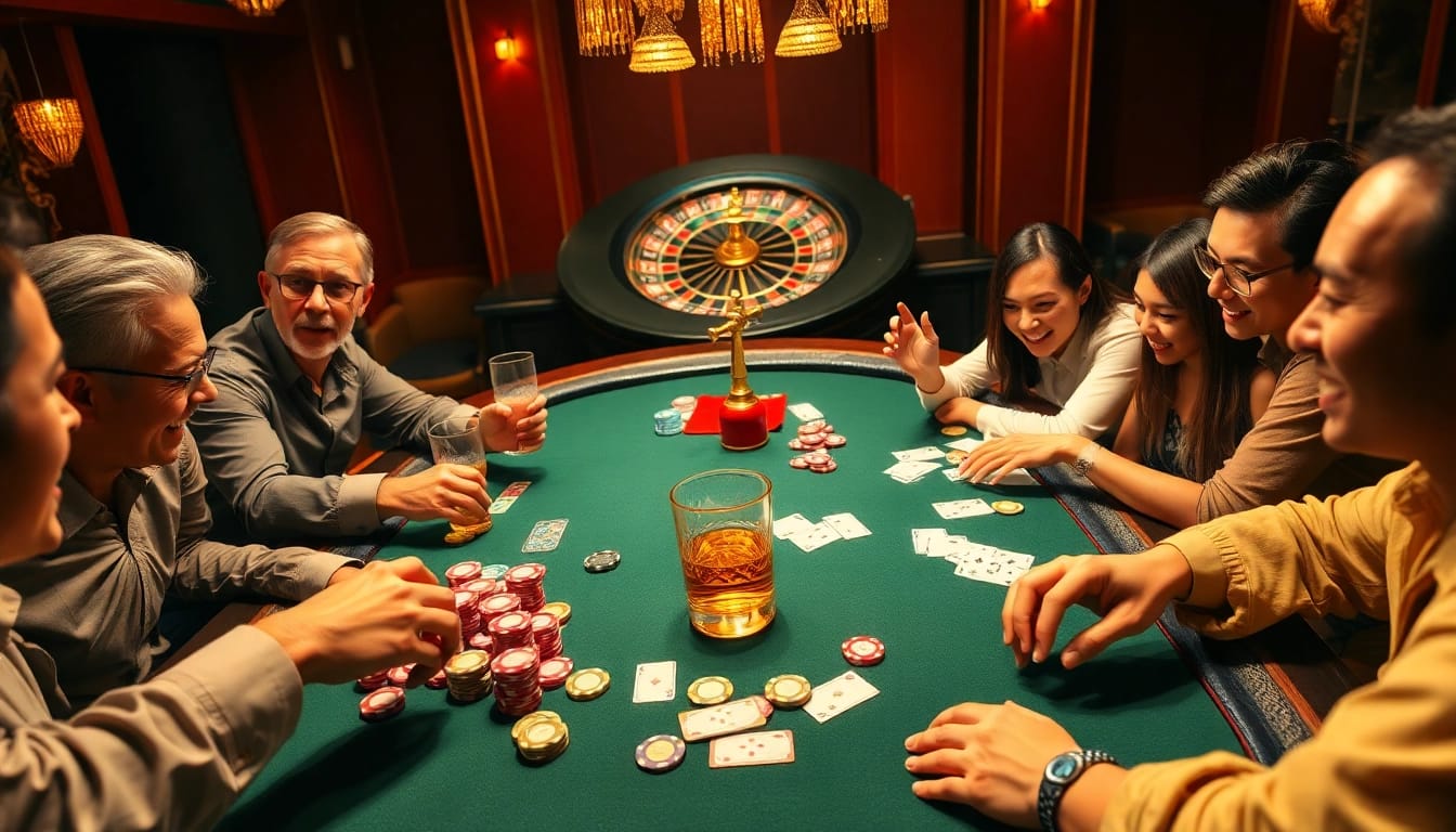 Experience the thrill of game bài đổi thưởng at an exciting poker table with intense players and vibrant colors.