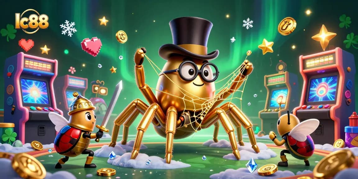 Experience the excitement of lc88 as a brave knight approaches a giant golden tarantula weaving a golden web in a casino.
