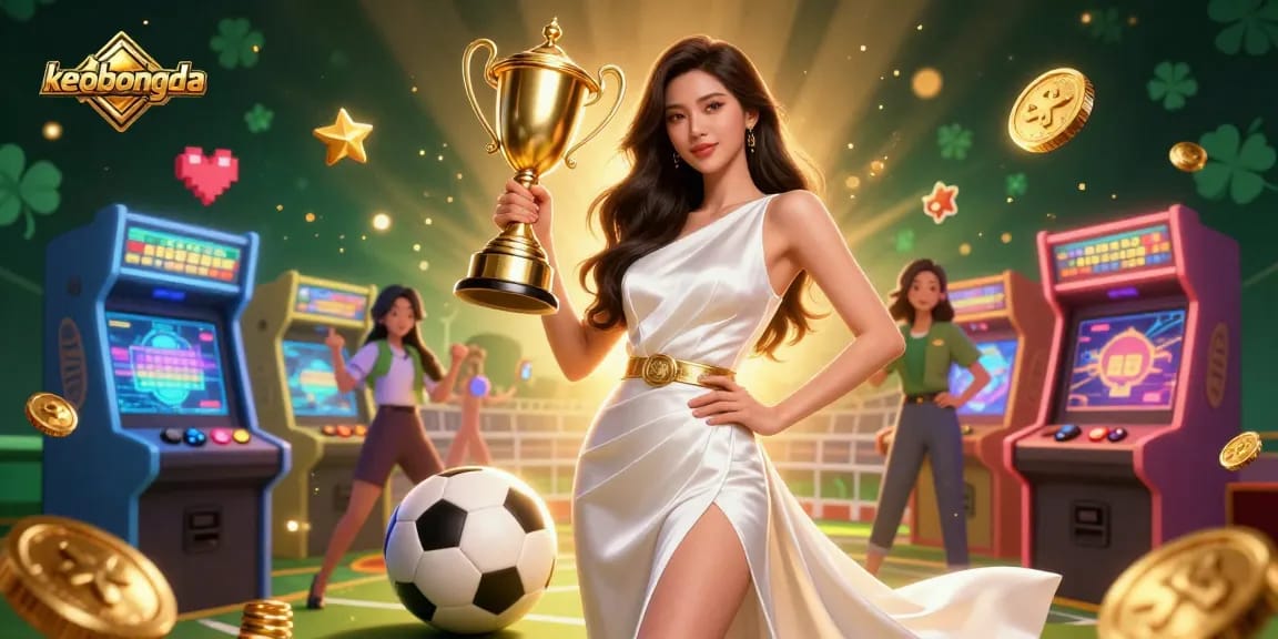 Keobongda showcases a victorious Asian woman in a stunning gown, celebrating sports betting success.
