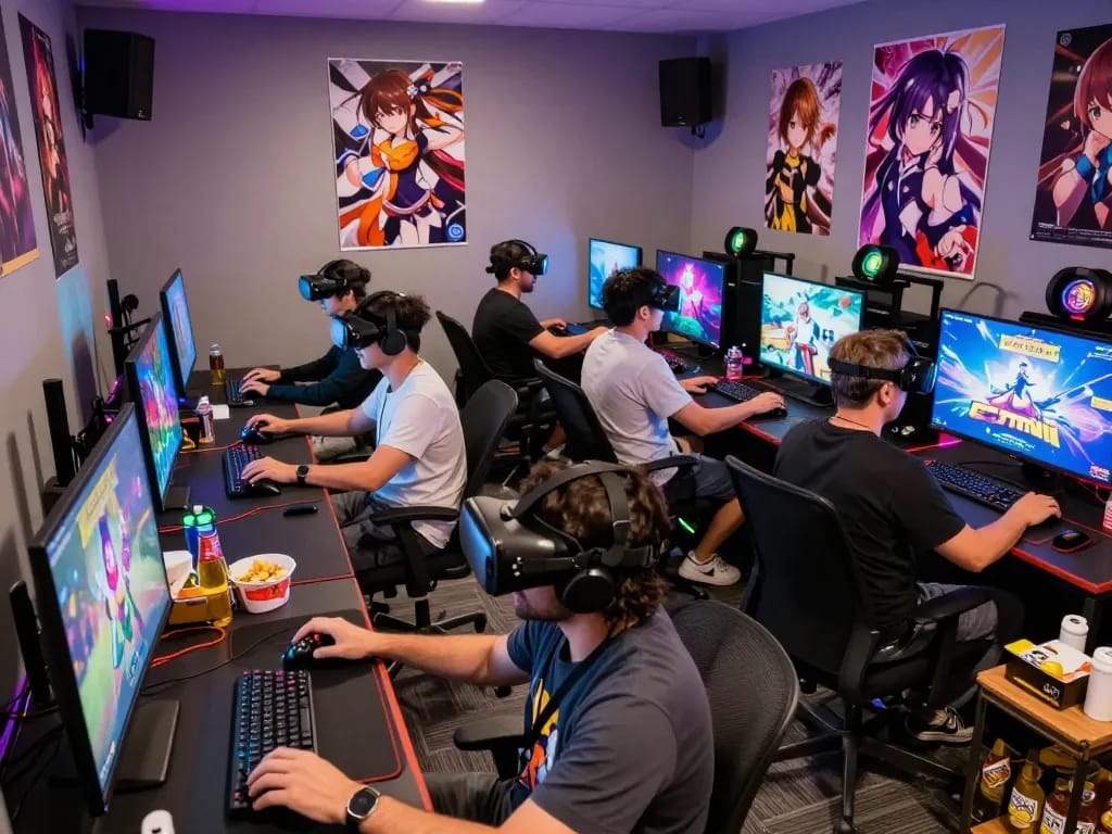 Players enjoying various porngame experiences in a vibrant gaming room with interactive elements.