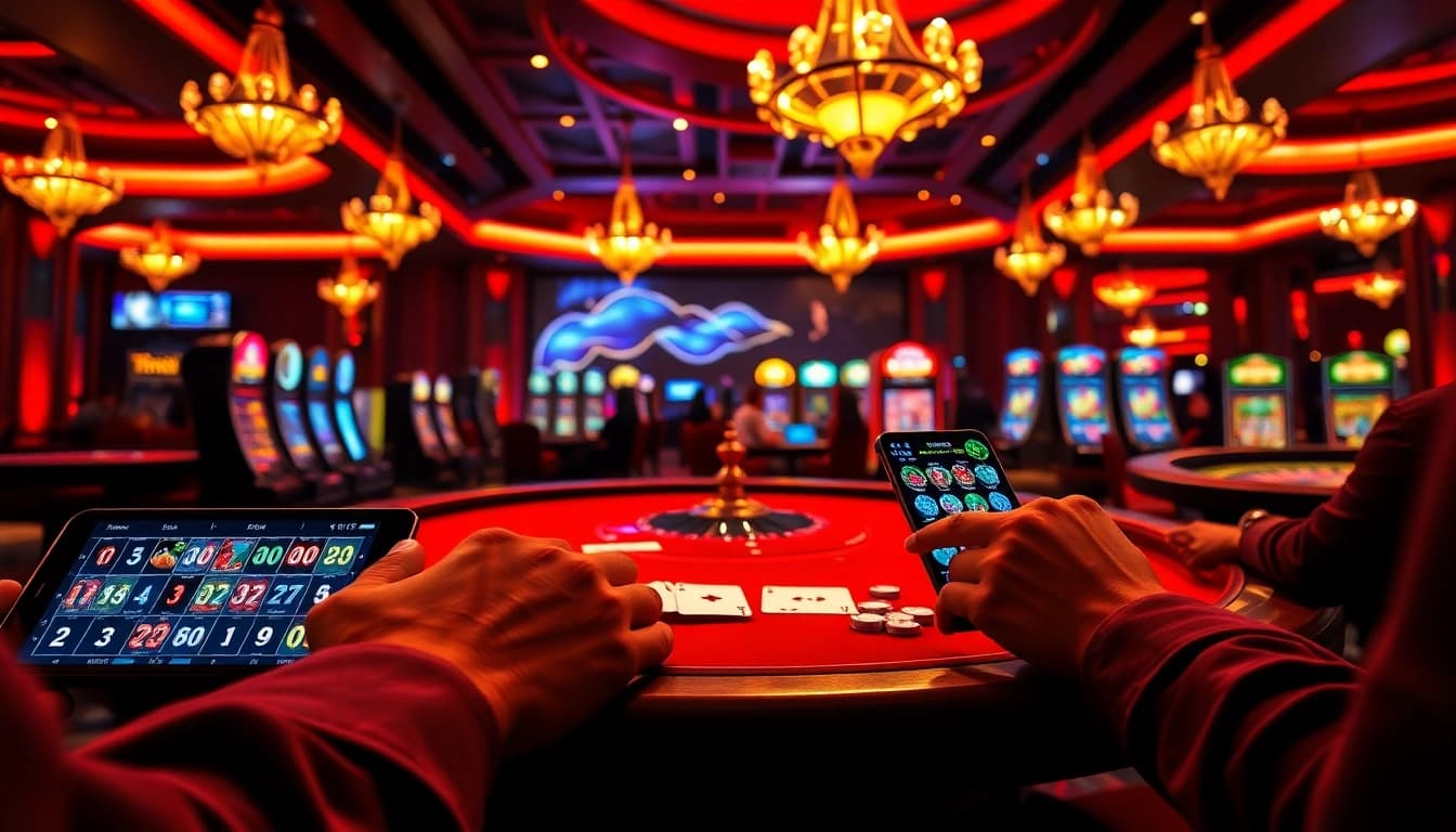 An exciting gambling scene at https://gamemanclub.wiki showcasing dynamic gameplay with poker chips, slot machines, and roulette tables.