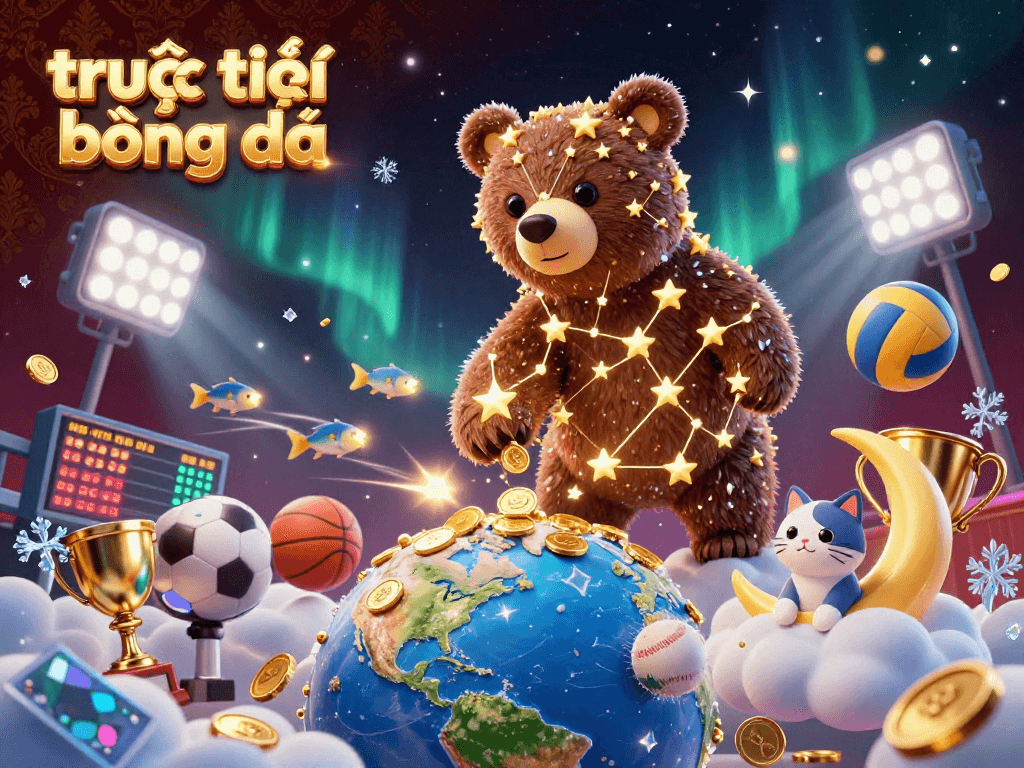 Engage in trực tiếp bóng đá with a dynamic scene of sports and gambling elements, featuring a 3D constellation bear.
