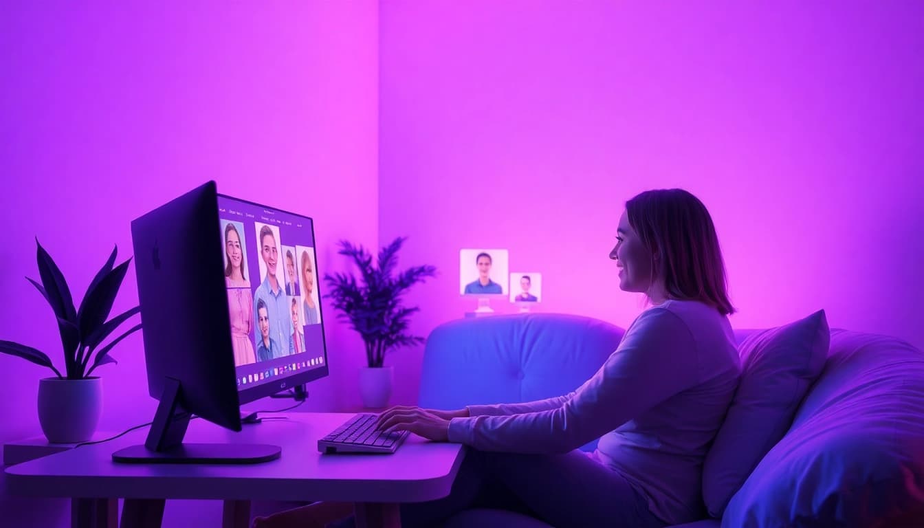 Engaging user experiencing ai sex chat with customizable AI avatars in a cozy, intimate setting.