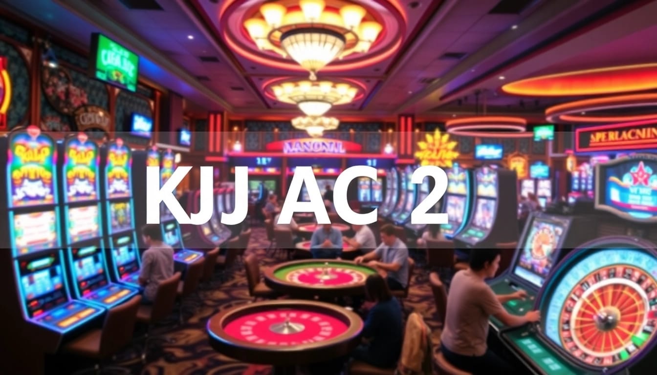 KJC AC 2 casino setting with vibrant slot machines, poker tables, and roulette wheels in action