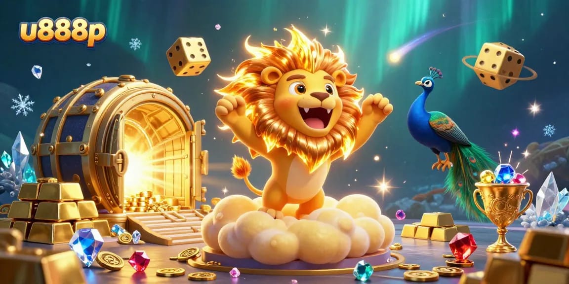 Engage in thrilling gaming adventures with u888p as the radiant lion leads a vibrant casino scene.