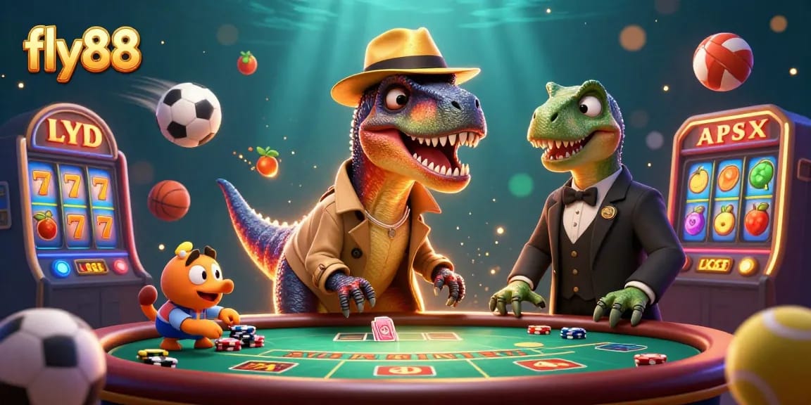 Experience thrilling gameplay at fly88 with a cartoon velociraptor card counter in an animated casino scene.