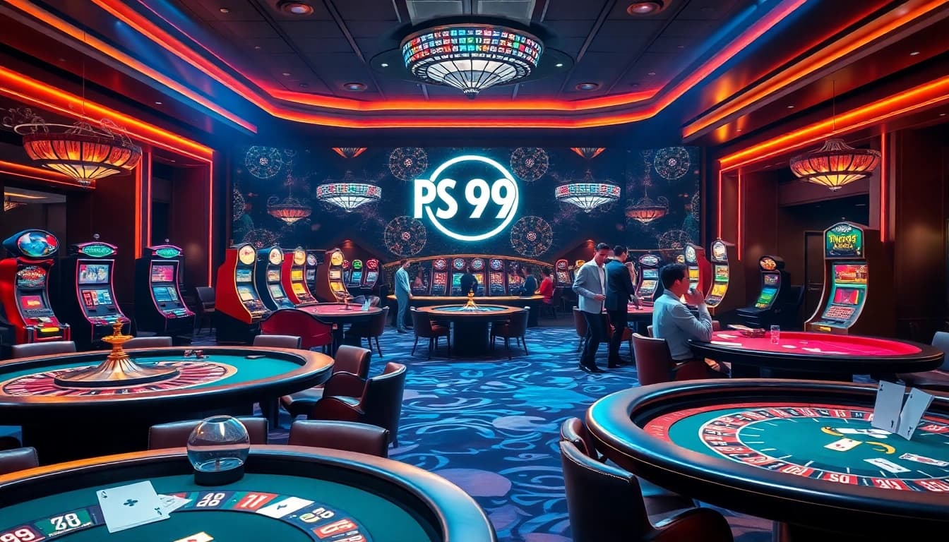 Excitement of gambling at the PS 99 online casino with players at tables and slot machines.