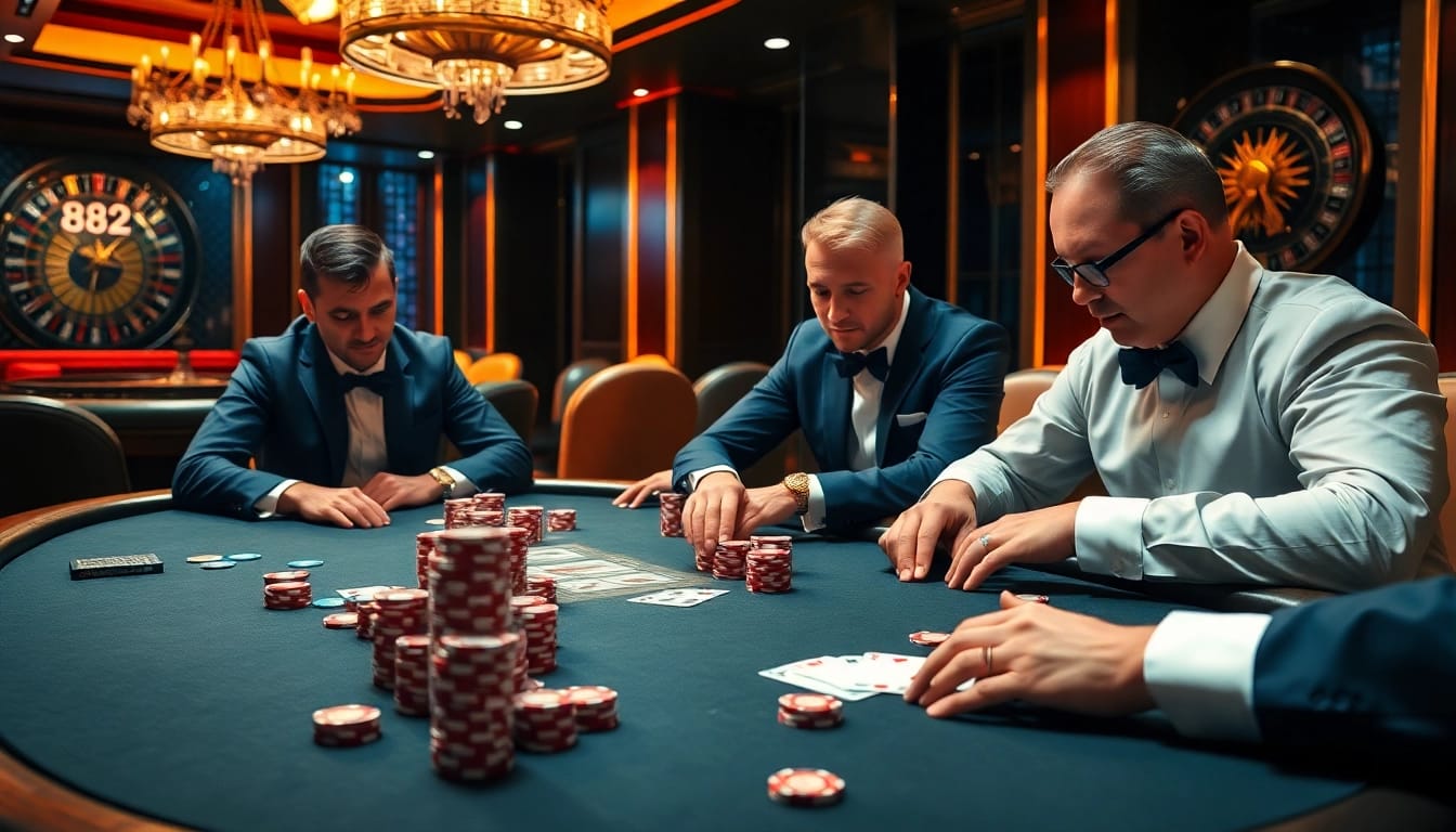 A high-stakes poker game at 88i casino, showcasing intense players, vibrant chips, and stylish cards.