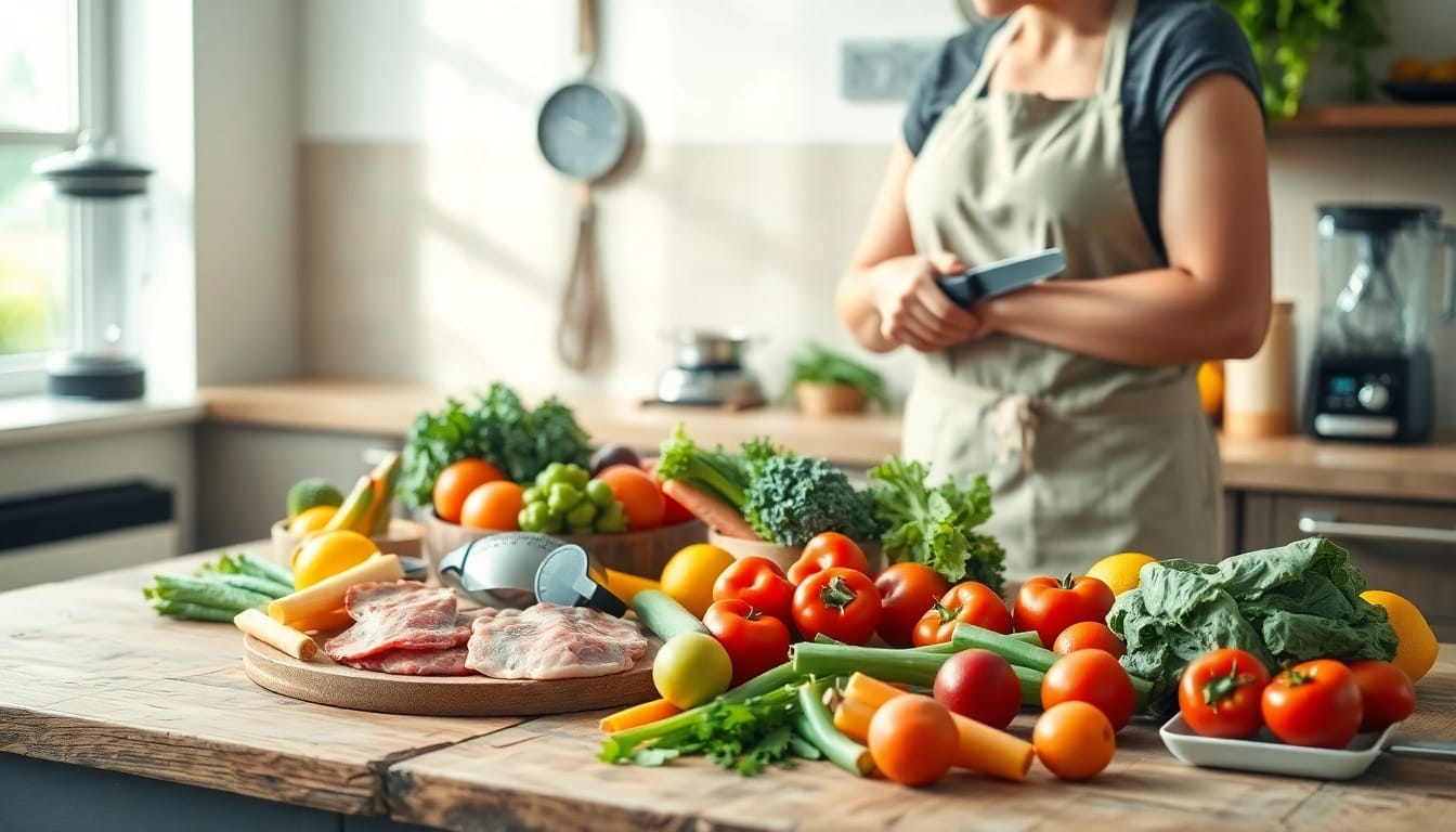 Engaging in weight loss, vibrant vegetables and healthy meals on display.