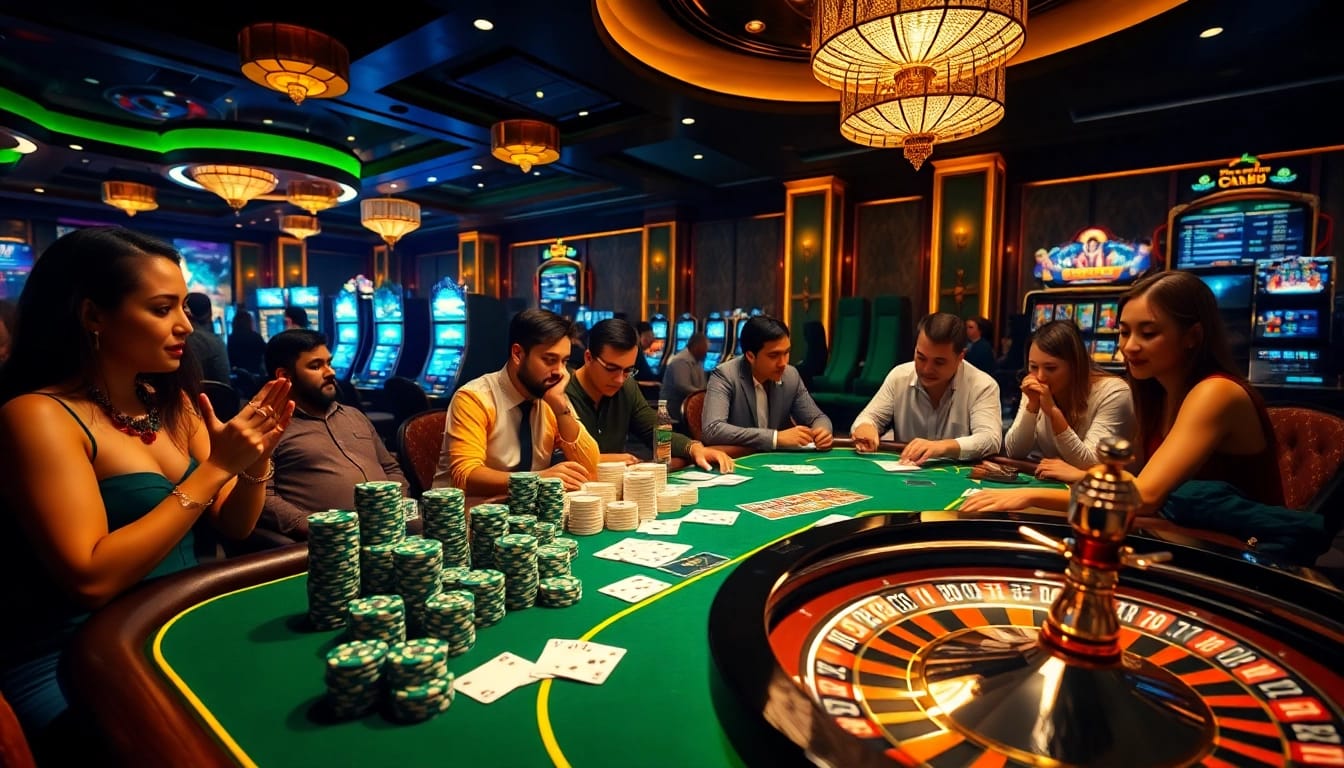 This thrilling scene at https:/sc88.bz/ showcases gamblers intensely playing poker and roulette in a luxurious casino.