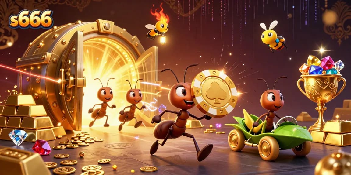 Experience adventures with S666 as ants carry a giant poker chip in a dynamic heist scene