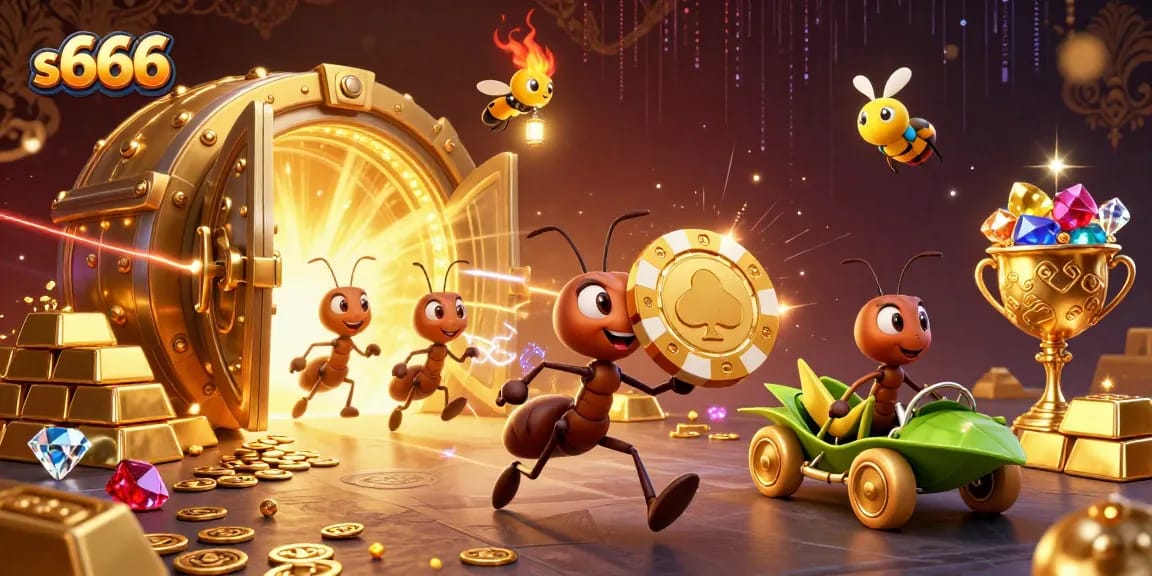 Experience adventures with S666 as ants carry a giant poker chip in a dynamic heist scene