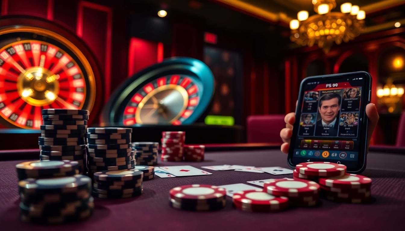 Exciting scene of gambling at PS 99 casino with poker chips and roulette wheel.
