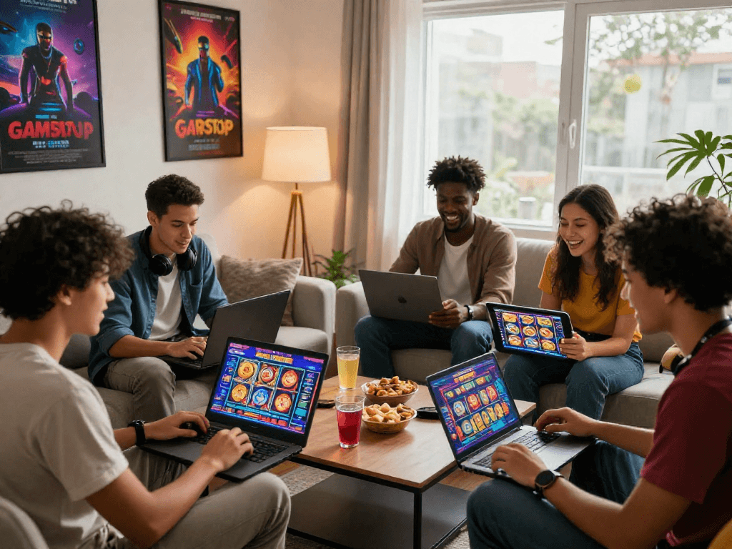 Group of friends enjoying online casinos not on GamStop at home, showcasing gaming excitement and camaraderie with vibrant screens and cozy atmosphere.