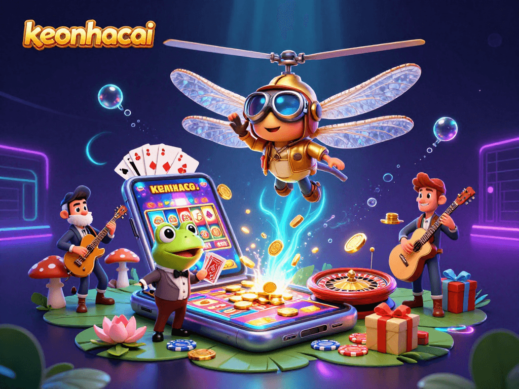 Experience exciting gaming at keonhacai with a vibrant scene of a dragonfly pilot and frog croupier.