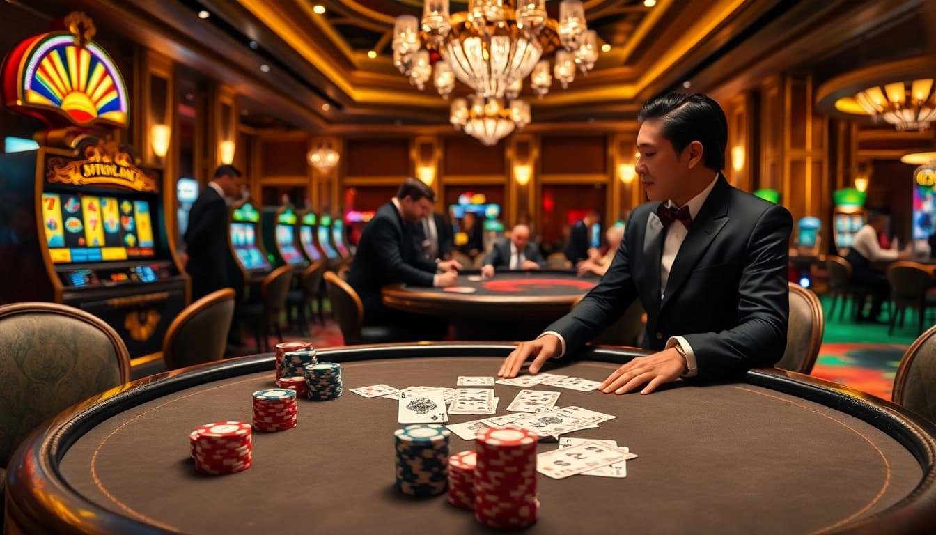 Experience thrilling gameplay at PS 99's vibrant casino table, filled with chips and cards.