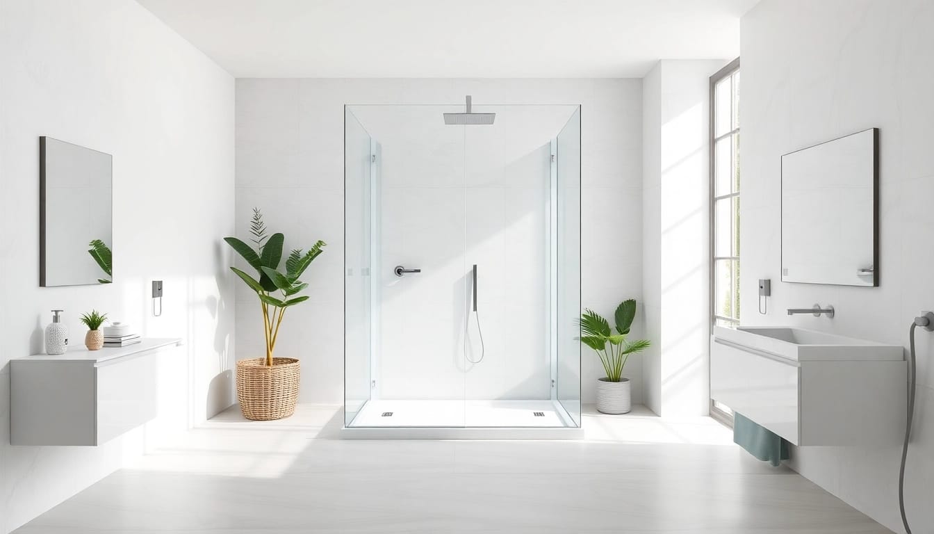 Showcase of elegant shower screens for walk in showers in a modern bathroom setting.