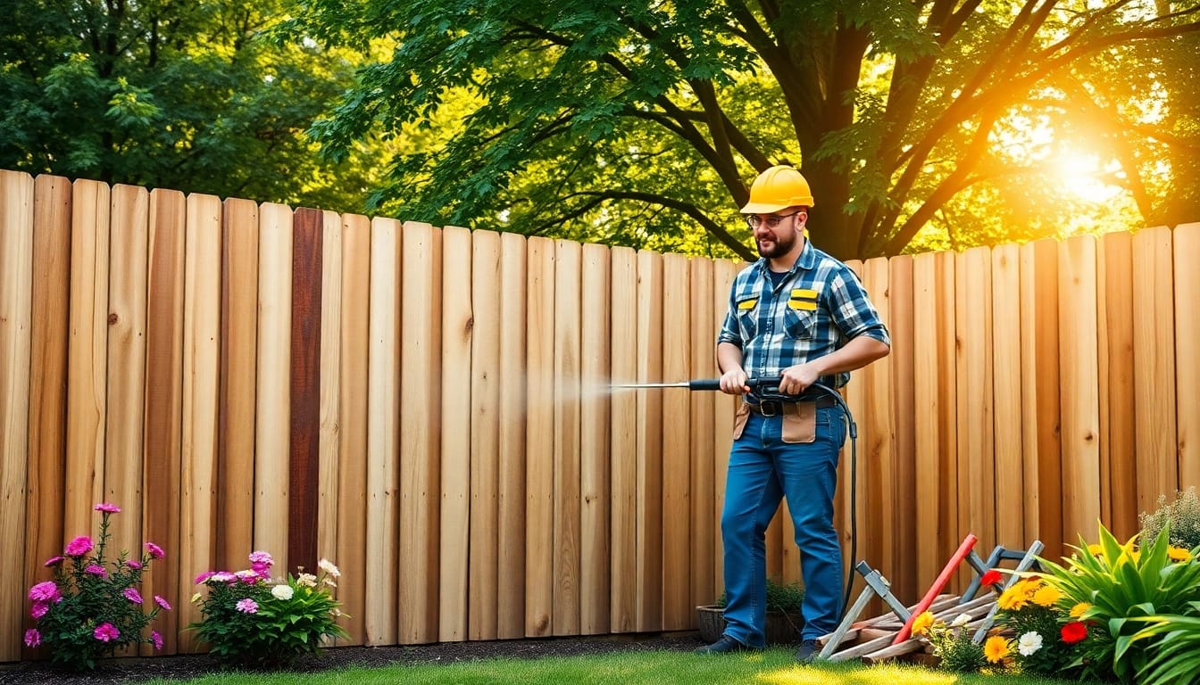 Dynamic scene of a contractor performing fence cleaning with a pressure washer.