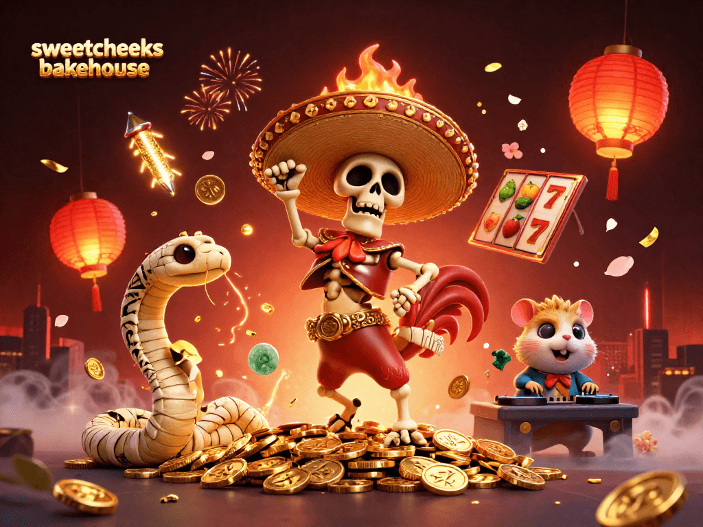 Engage with sweetcheeksbakehouse in this vibrant 3D illustration of slot gaming action.