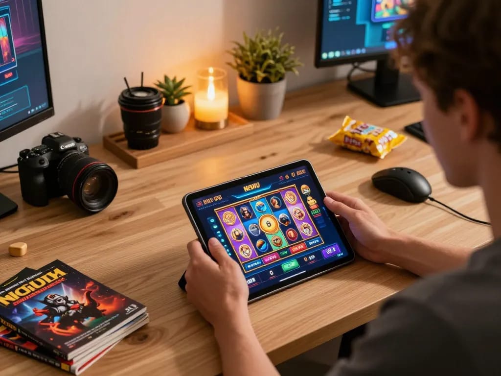 Player exploring engaging NOHU 90 slot game on tablet, demonstrating online gambling experience.