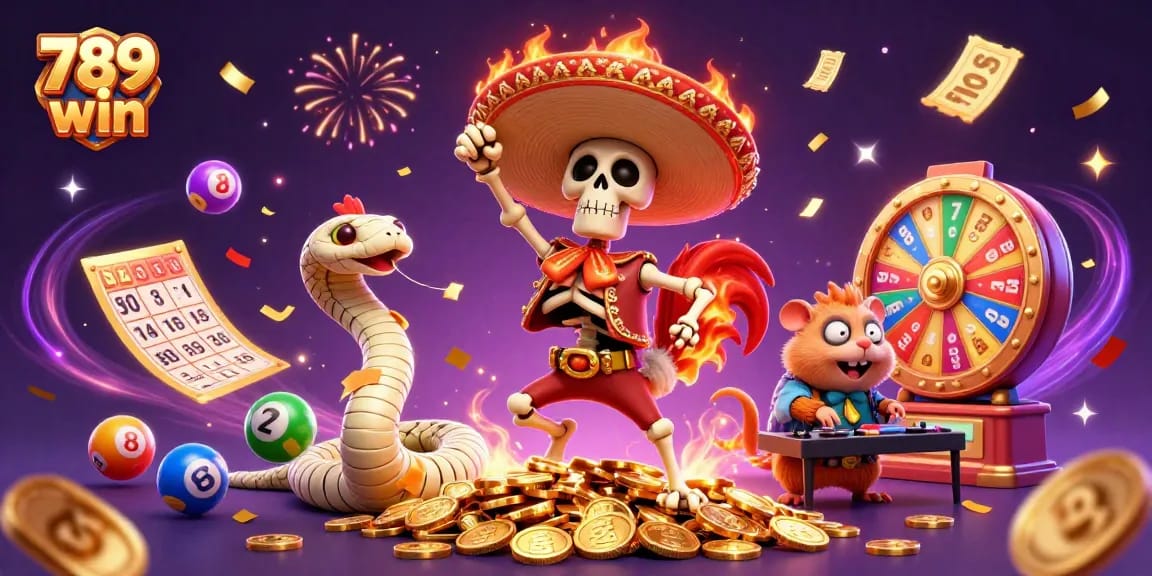 Experience the excitement of 789 win with colorful lottery balls and golden casino elements in a vibrant celebration.