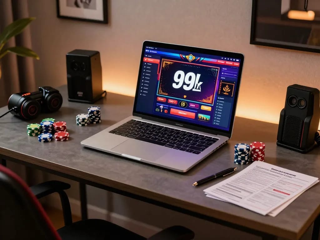 Experience 99 ok online gaming setup with laptop and poker chips in a sophisticated environment.