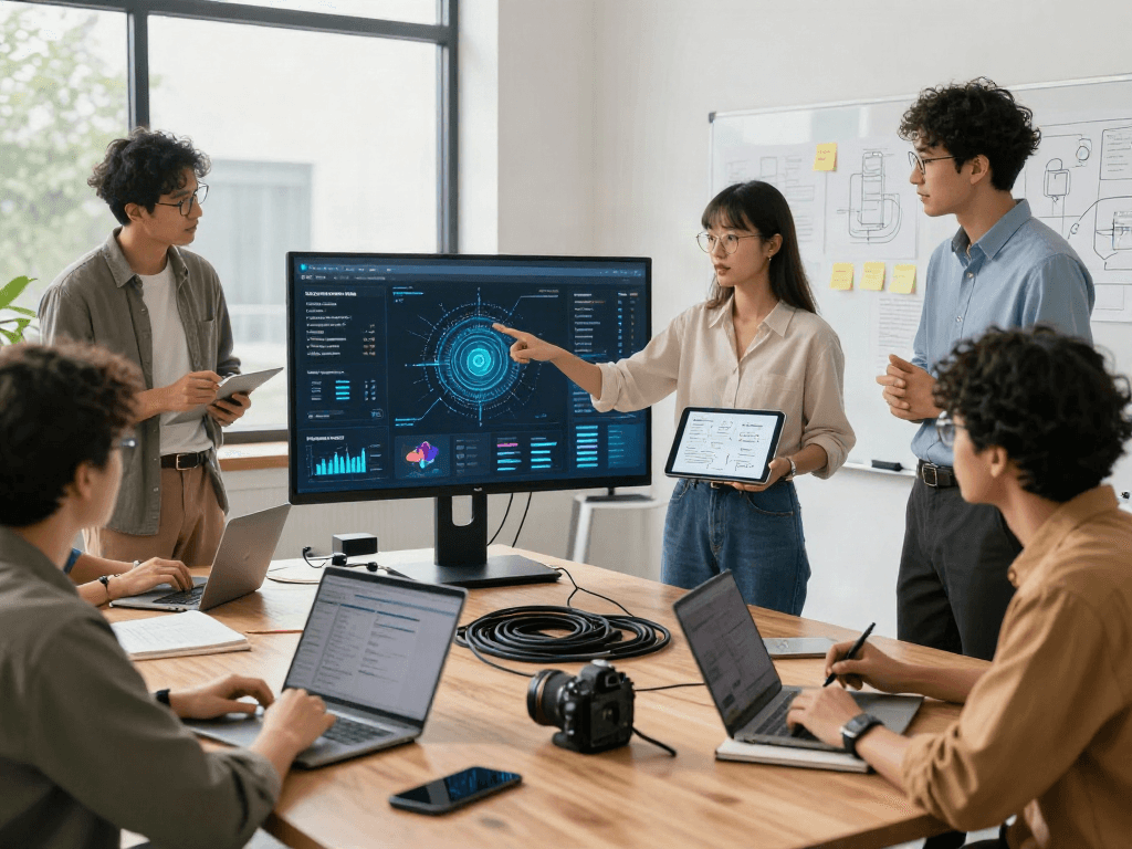 AI development team collaborating around digital insights on juicy ai technologies in a modern workspace.