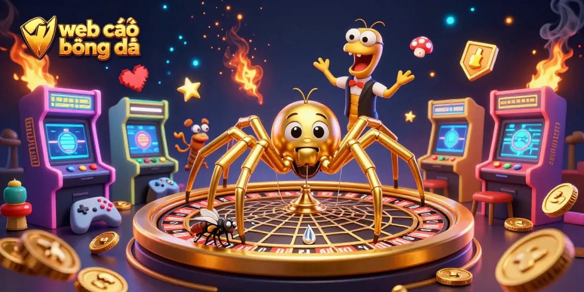 View engaging web cá độ bóng đá scene with a golden spider and colorful game elements.