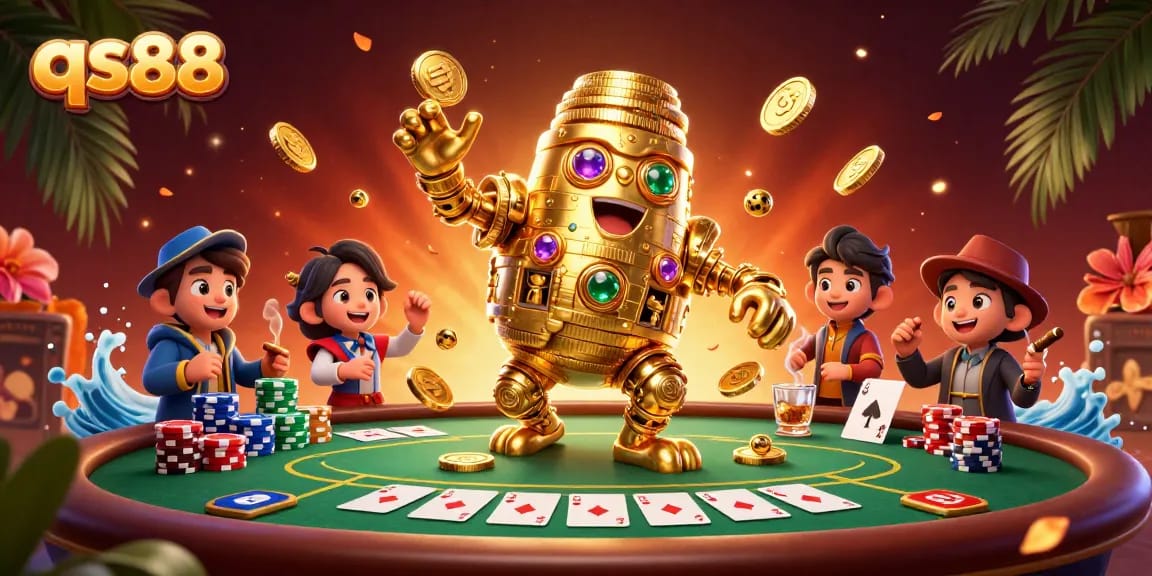 Experience the thrill of qs88 as the golden golem interacts with vibrant poker elements and dynamic casino atmosphere.