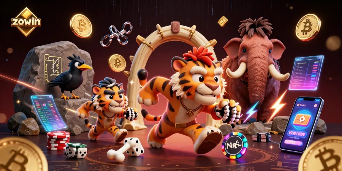 Engaging illustration showcasing the unique zowin casino experience mixing prehistoric themes with modern crypto elements.