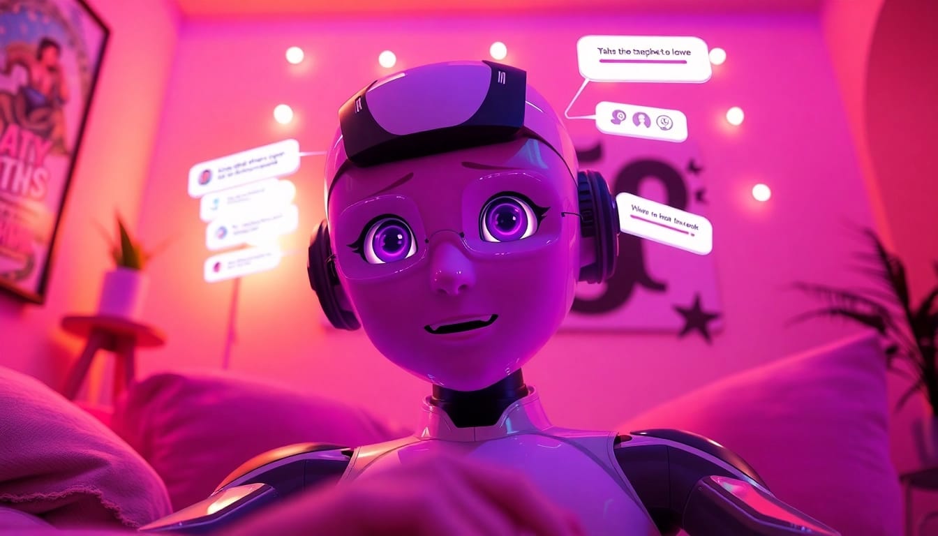 Engaging ai sex chat interaction with a friendly AI character in a cozy virtual setting.