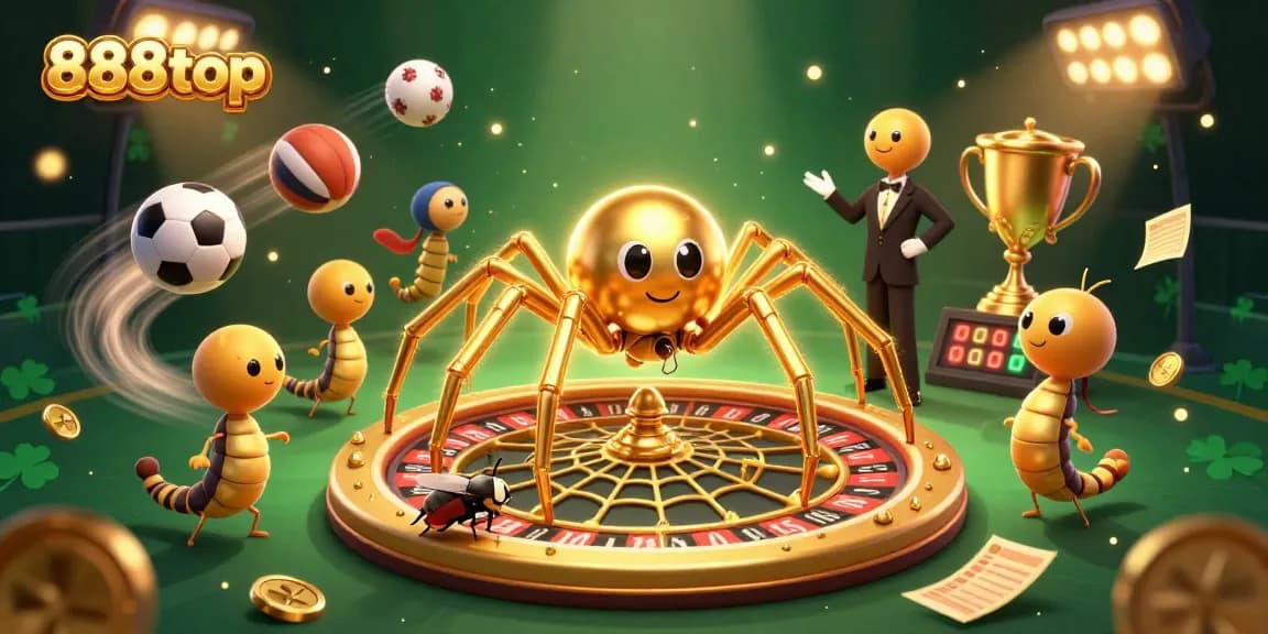 Experience thrilling bets at 888top with a vibrant casino scene featuring a golden spider and dynamic sports elements.