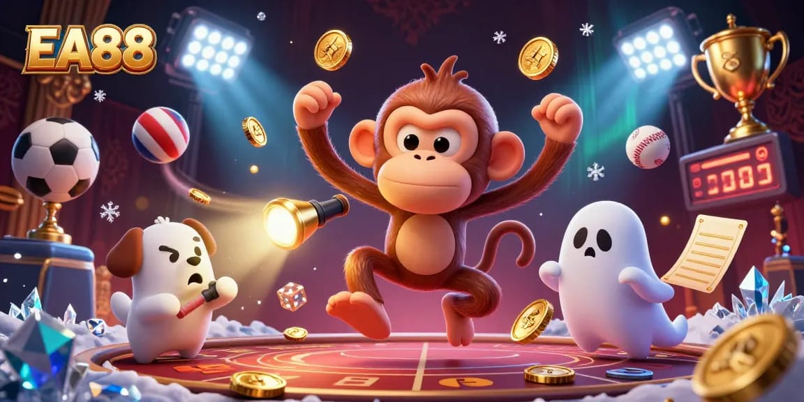 Engage with EA88 in a vibrant casino scene featuring a poltergeist monkey and ghost-hunter puppy.