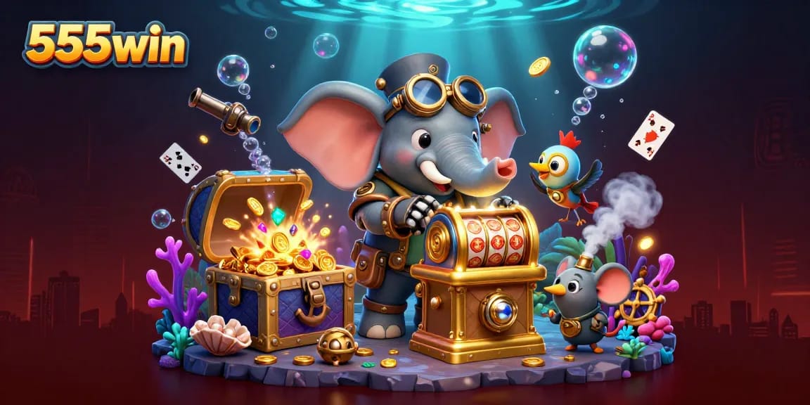 Experience the excitement of winning with 555win in this vibrant underwater casino scene.