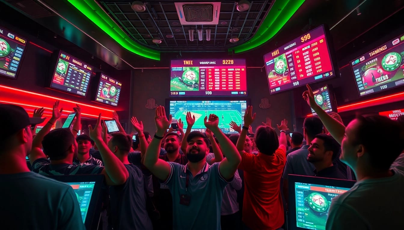 Cheering crowd at a sportsbook enhancing the excitement of betting at https://ii69vn.com/ through vibrant visuals.