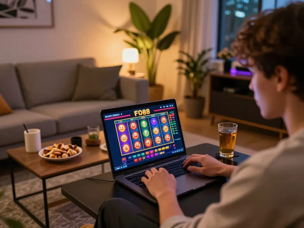 Player enjoying FO88's online gaming slots in a cozy living room setting