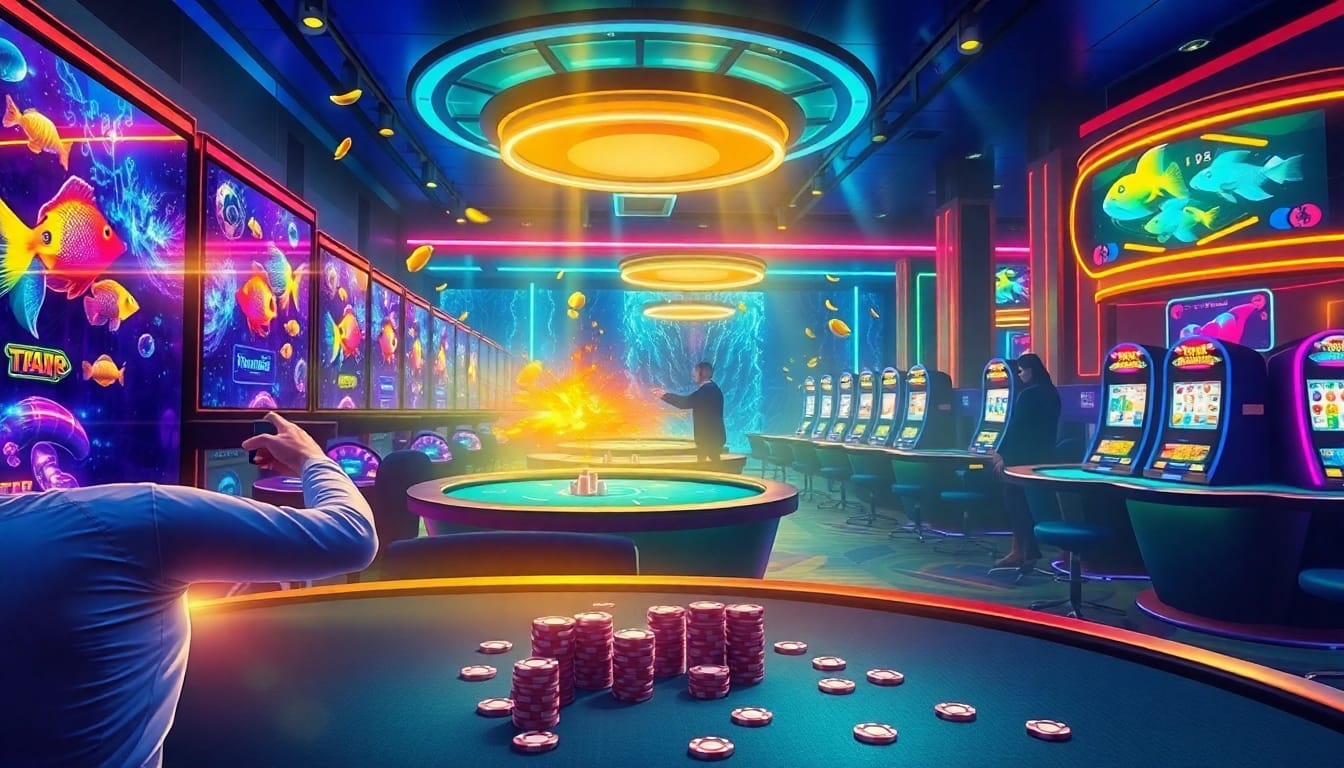 Bắn cá đổi thưởng gaming area filled with vibrant colors and thrilling action in a casino setting.