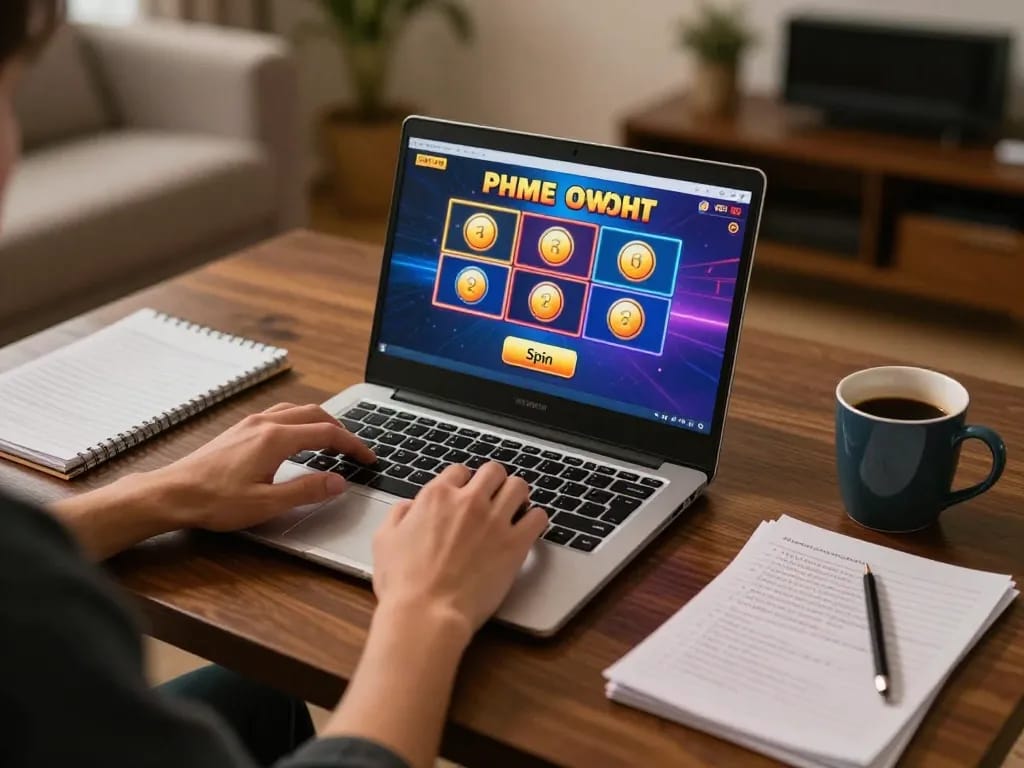 Engaging in online slots gaming on jun88, showcasing vibrant interface and comfortable home setup.