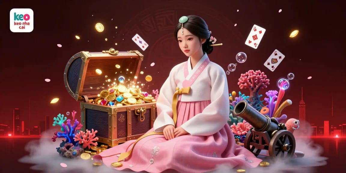 Immerse in the excitement of keo nha cai with dynamic casino elements and a serene Asian character.