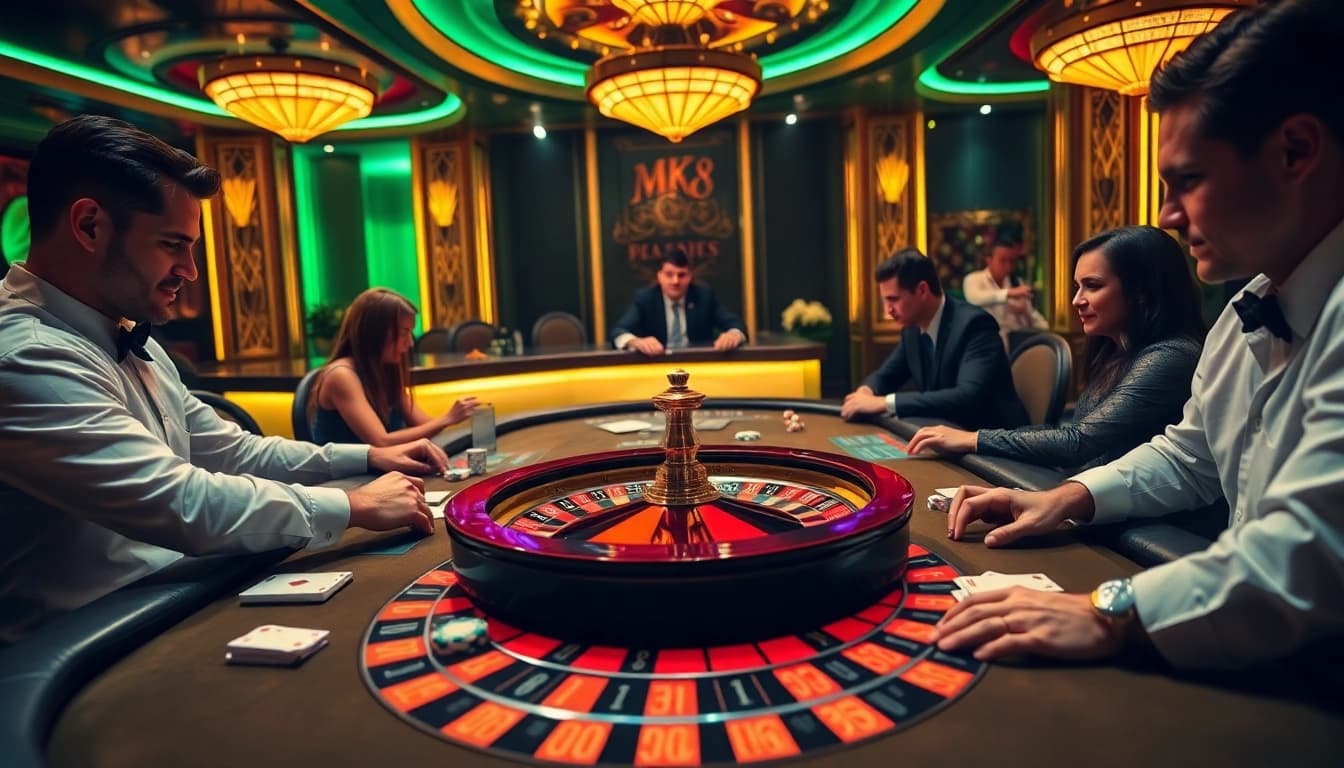 MK8 branded poker chips on a high-stakes casino table with players immersed in intense gameplay.