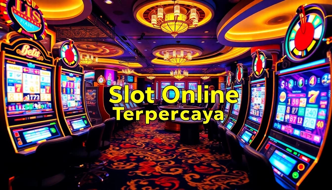 Players enjoying vibrant slot machines at a Slot Online Terpercaya casino, feeling excitement and luxury.