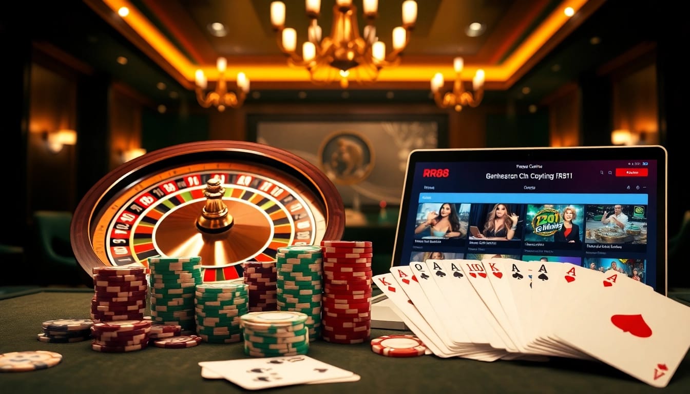 Experience the thrill of online gaming at trang chủ rr88 with vibrant casino elements like roulette wheels and poker chips.
