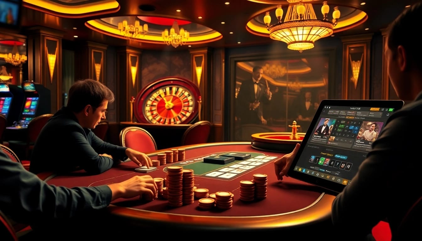 Explore the thrilling world of gambling at https://nhacaiuytin.place/, featuring a high-energy casino scene with poker and roulette.
