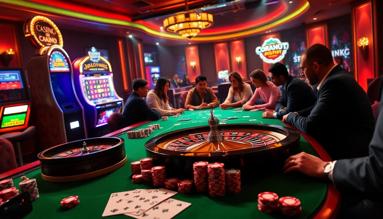 Players enjoying a luxurious casino experience at https://gg88.biz/, surrounded by poker chips and a roulette wheel.