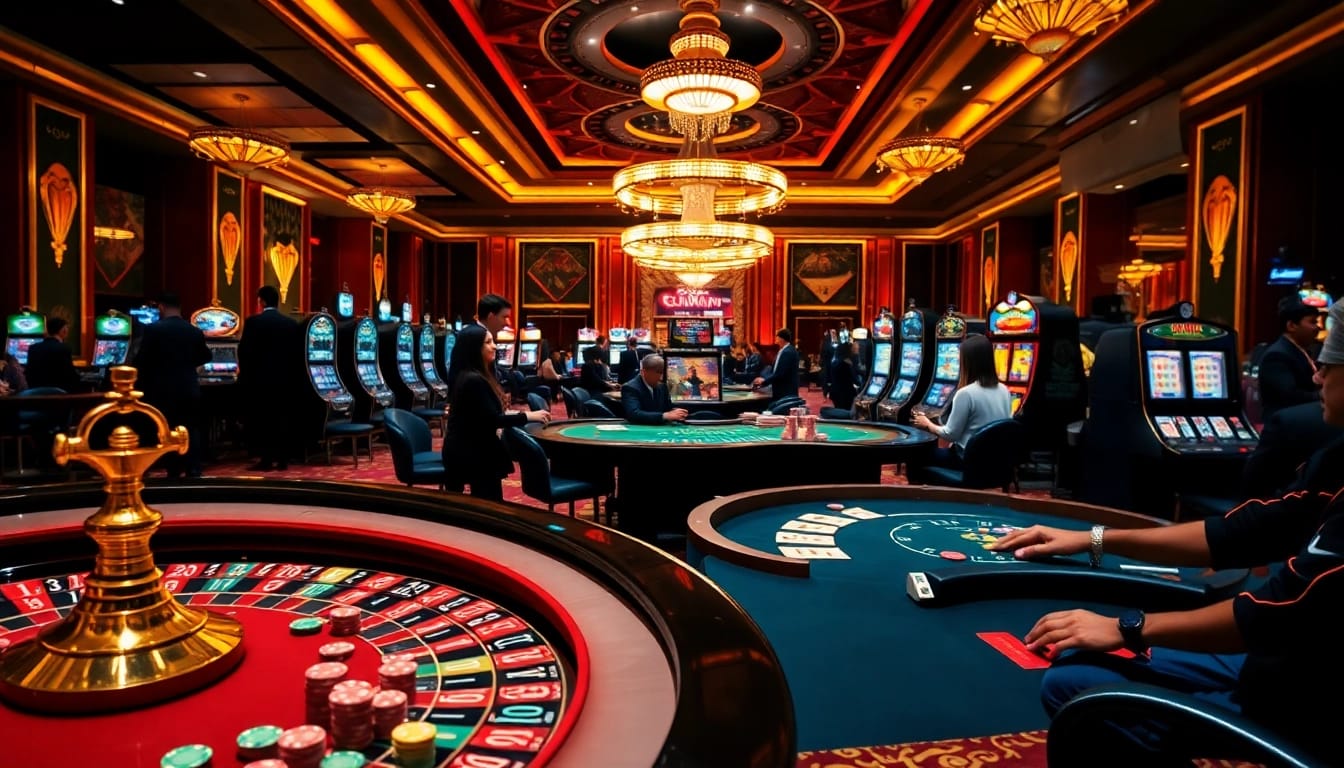 Experience the excitement of gambling at https://68wing.com with a vibrant casino scene showcasing tables and chips.