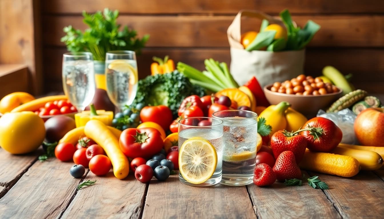 Explore a vibrant healthy food arrangement featuring fresh fruits and vegetables to inspire healthy choices.