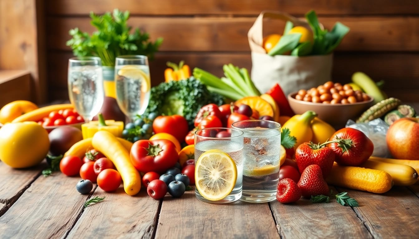 Explore a vibrant healthy food arrangement featuring fresh fruits and vegetables to inspire healthy choices.