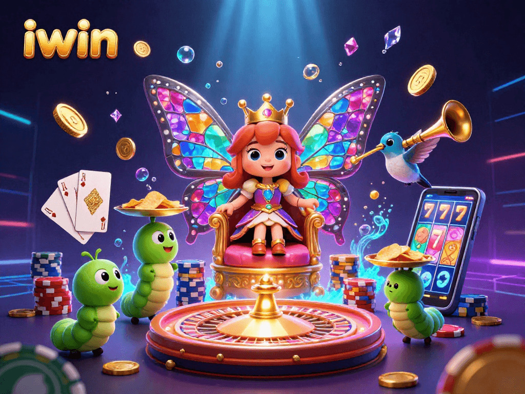 Engage with iwin's vibrant casino scene showcasing a butterfly queen and colorful gaming elements.