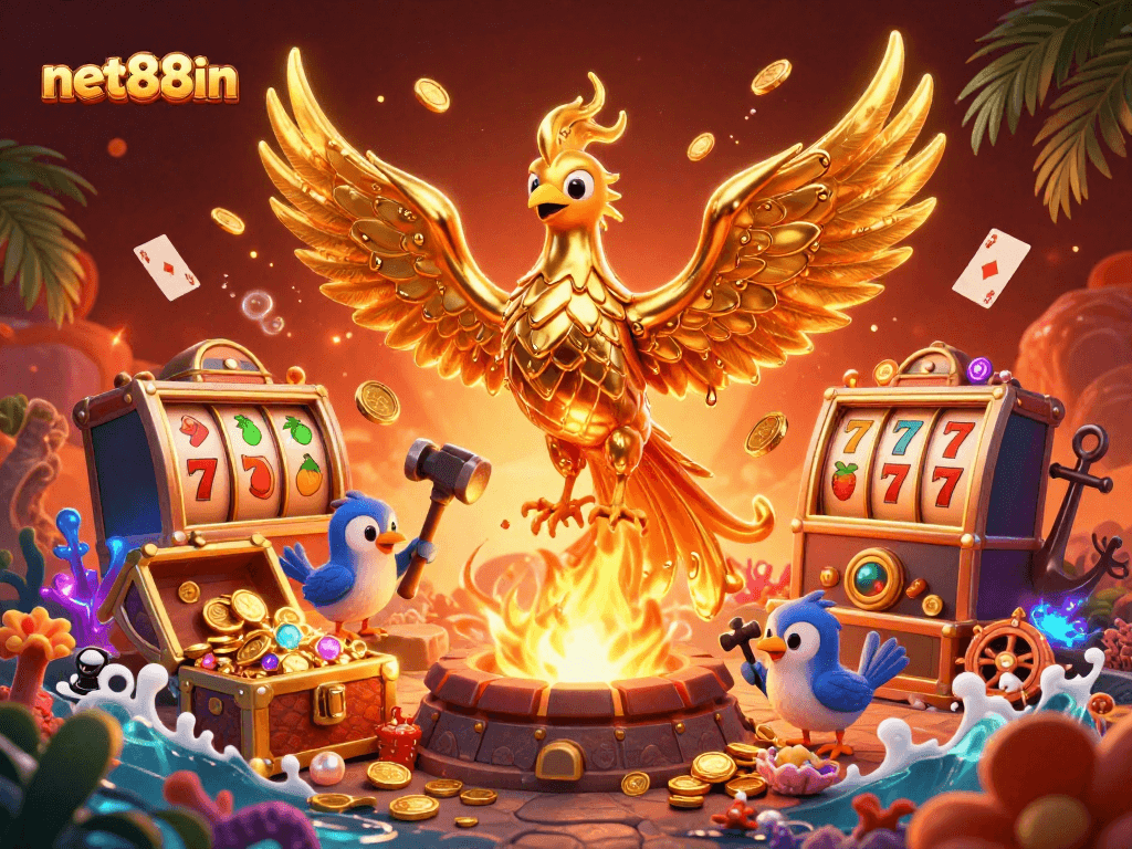 Experience net88in’s captivating casino scene with a golden phoenix and slot elements.