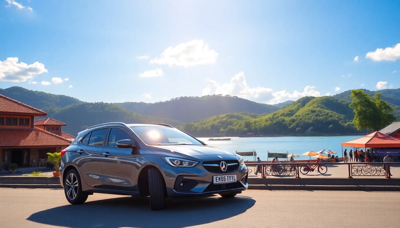 Rent a stylish car in Kuching Sarawak with scenic river views and lush greenery.